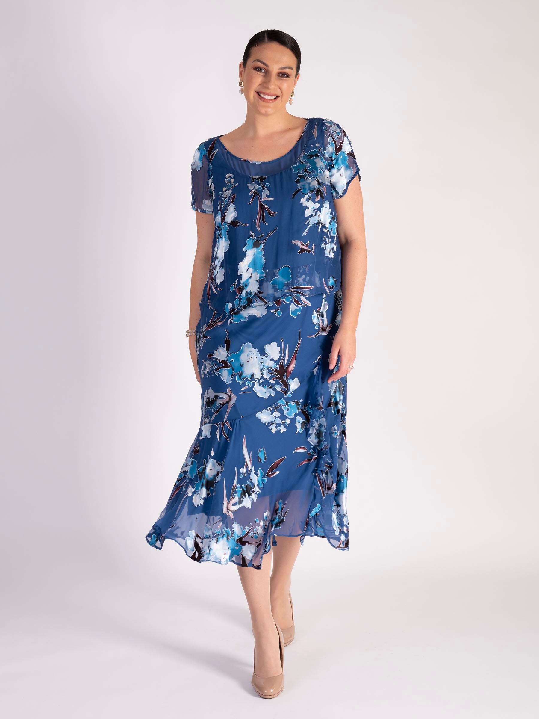 Bluebird Floral Print Layered Silk Devoree Dress