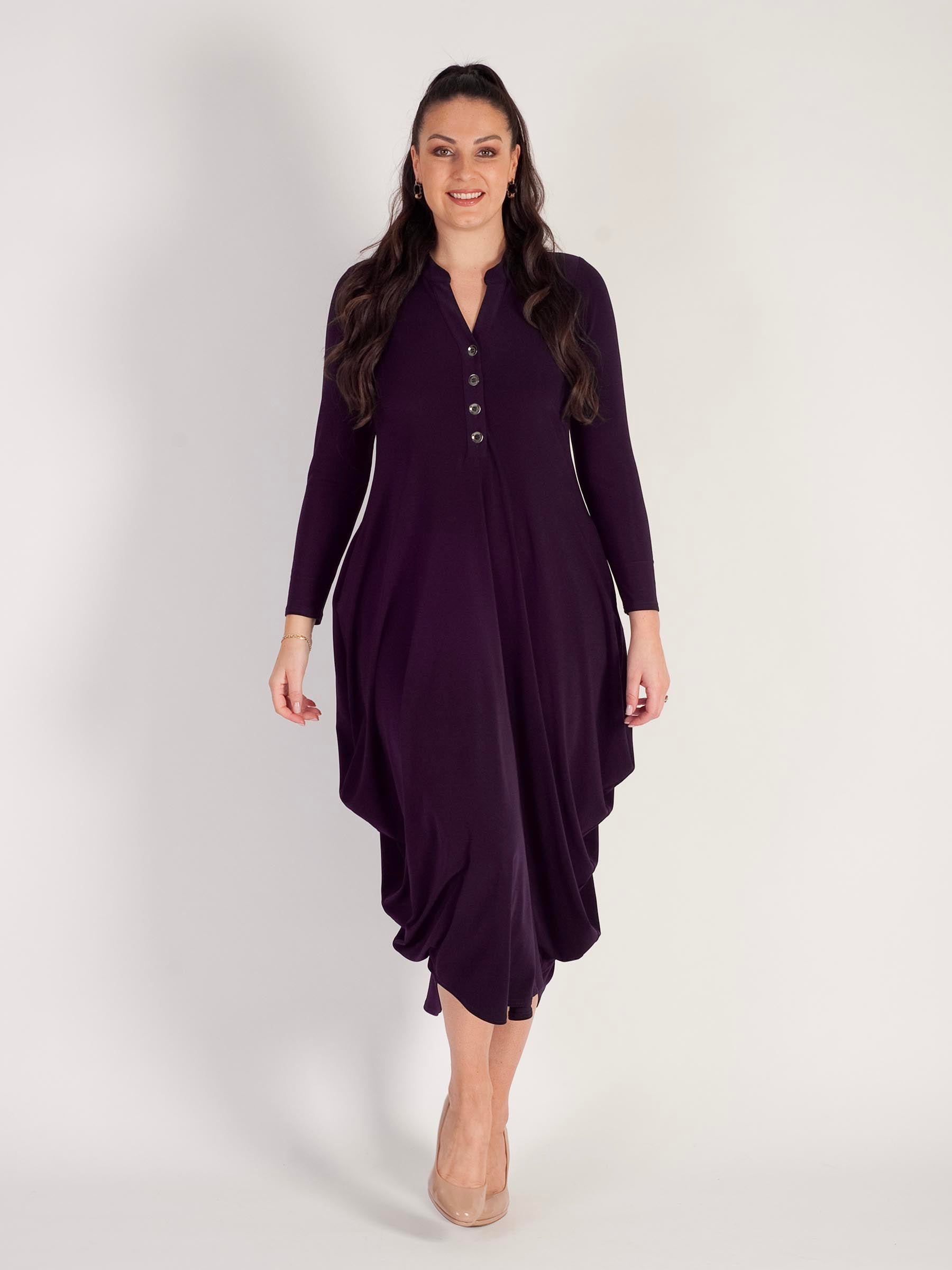 Claret Jersey Drape Dress with Button Placket