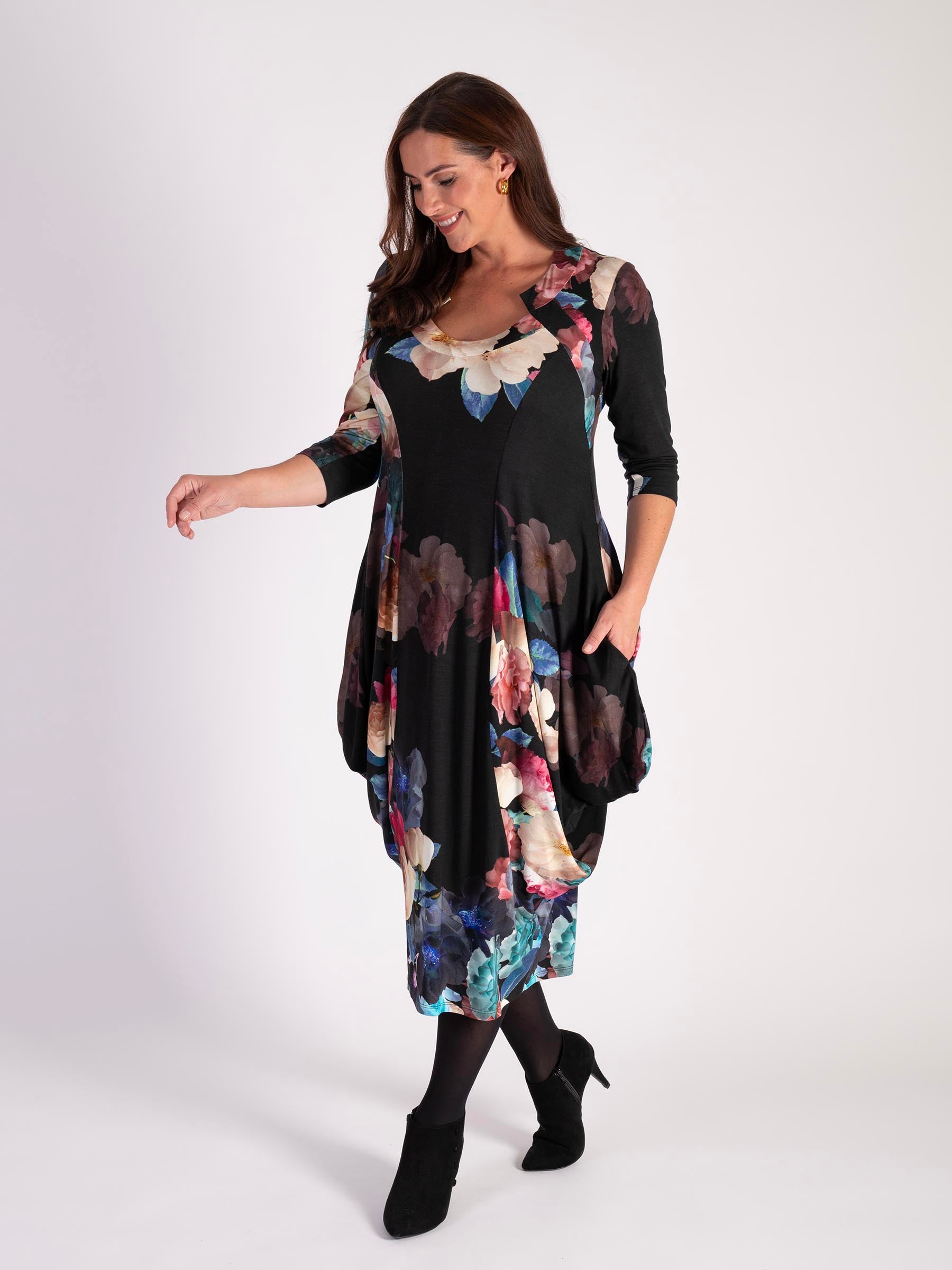 Black/Multi Rose Melody Print Jersey Drape Dress