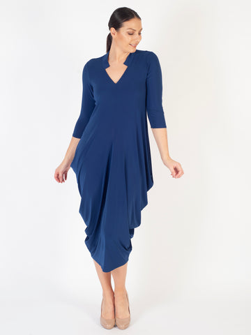 Ocean Blue Notch Neck Jersey Drape Dress: