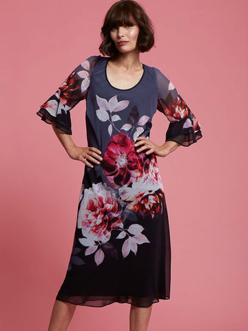 Hyacinth Floral Dress With Flounce Layered Cuff