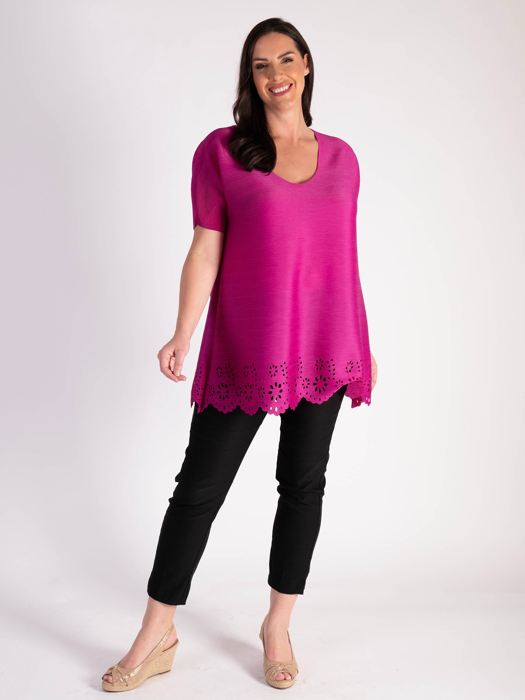 Fuschia Plisse Short Sleeve Top With Hem Cut Out Detail