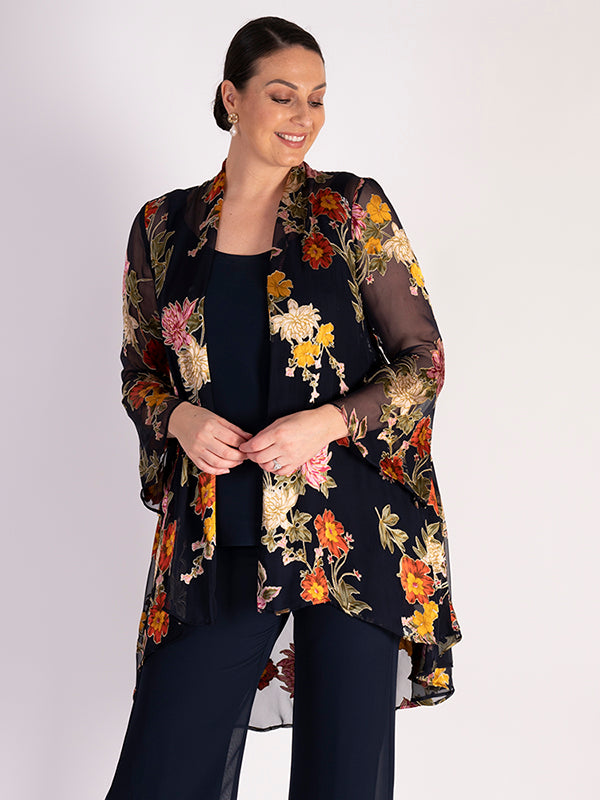 Navy Chrysanthemum Print Silk Devoree Swing Jacket with Split Cuff Detail