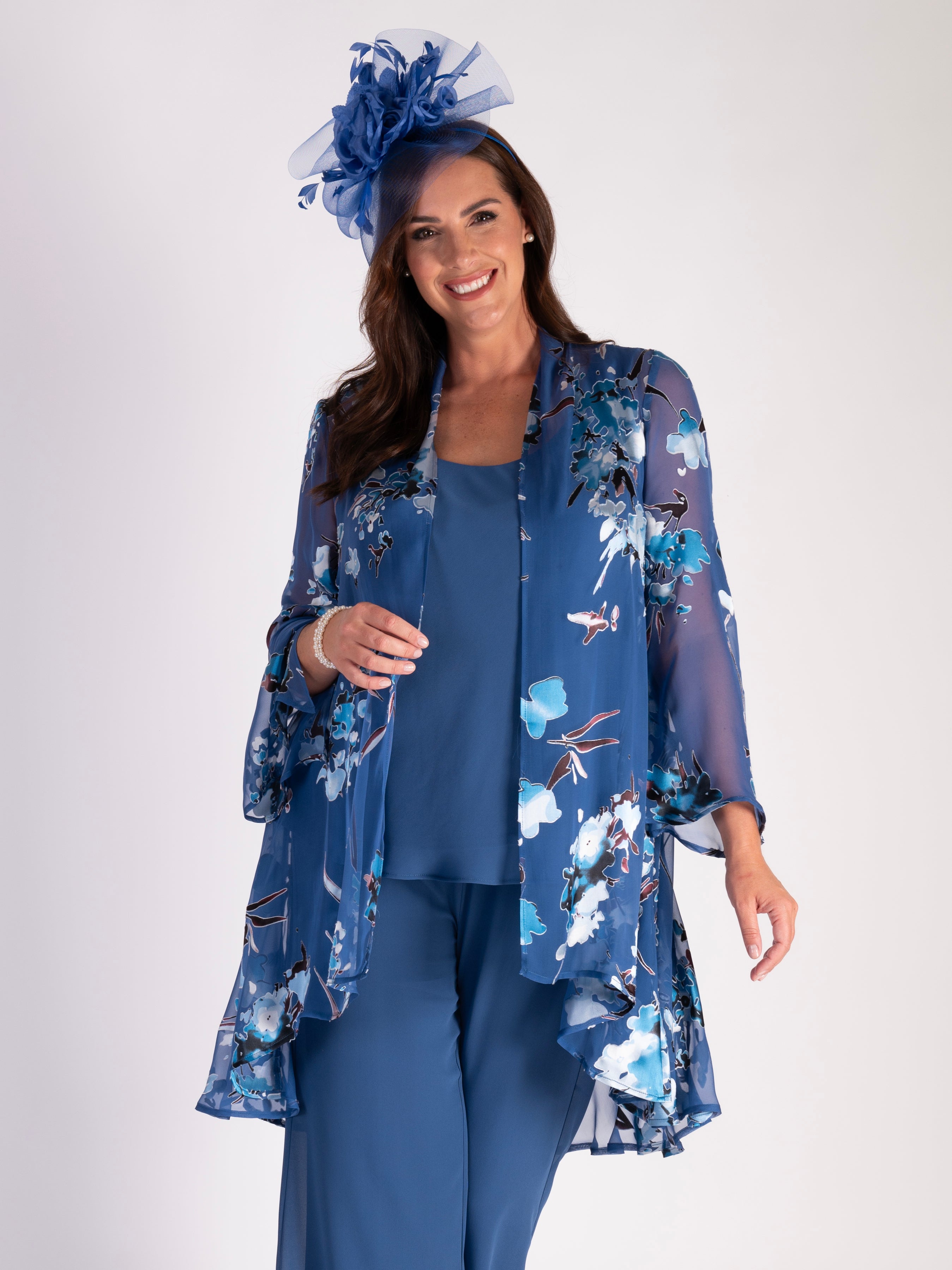 Bluebird Floral Print Silk Devoree Swing Jacket with Split Cuff Detail