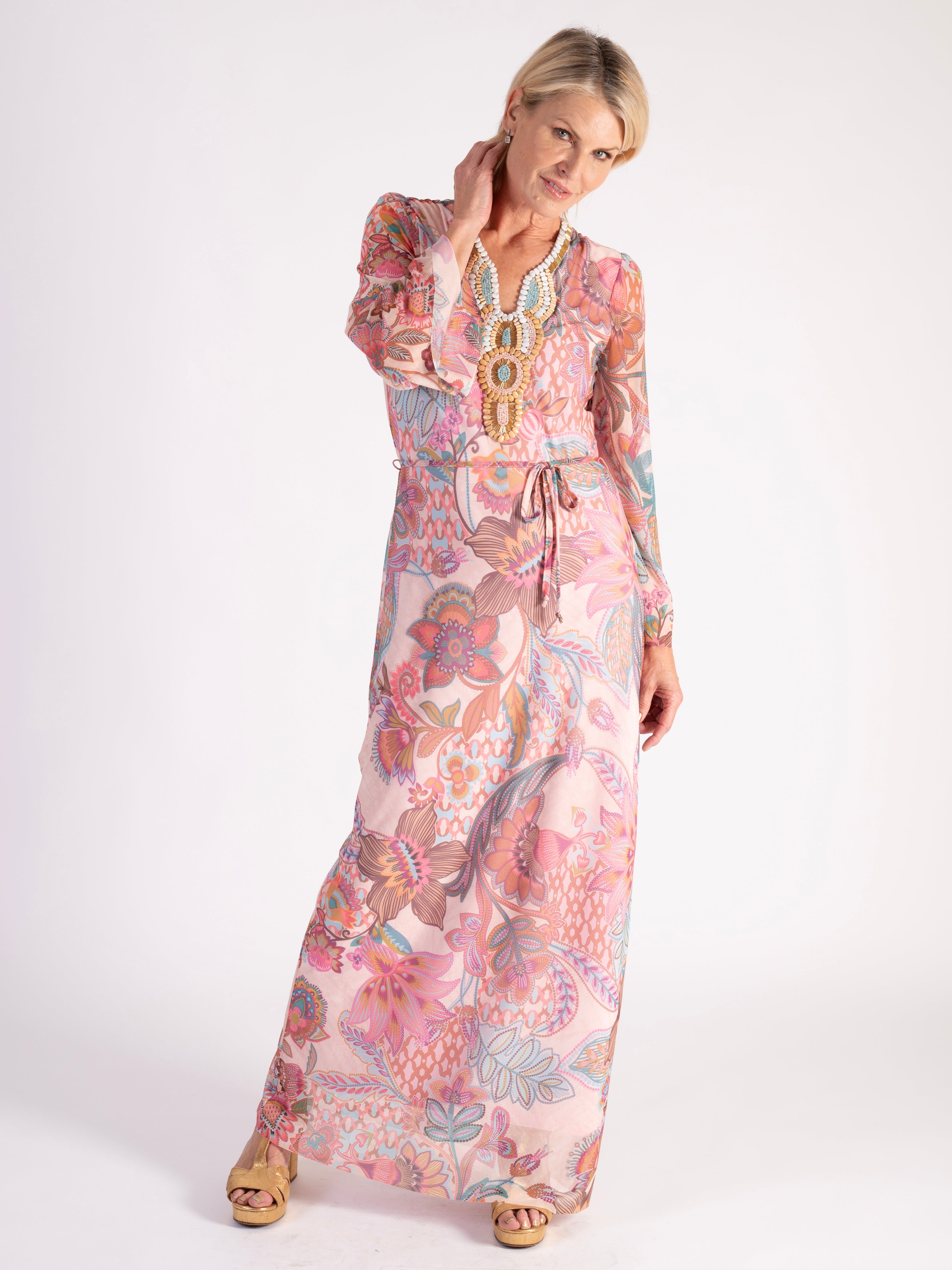 Blush/Multi Exotic Floral Print Mesh Maxi Dress with Ornamental Stone Beaded Neckline