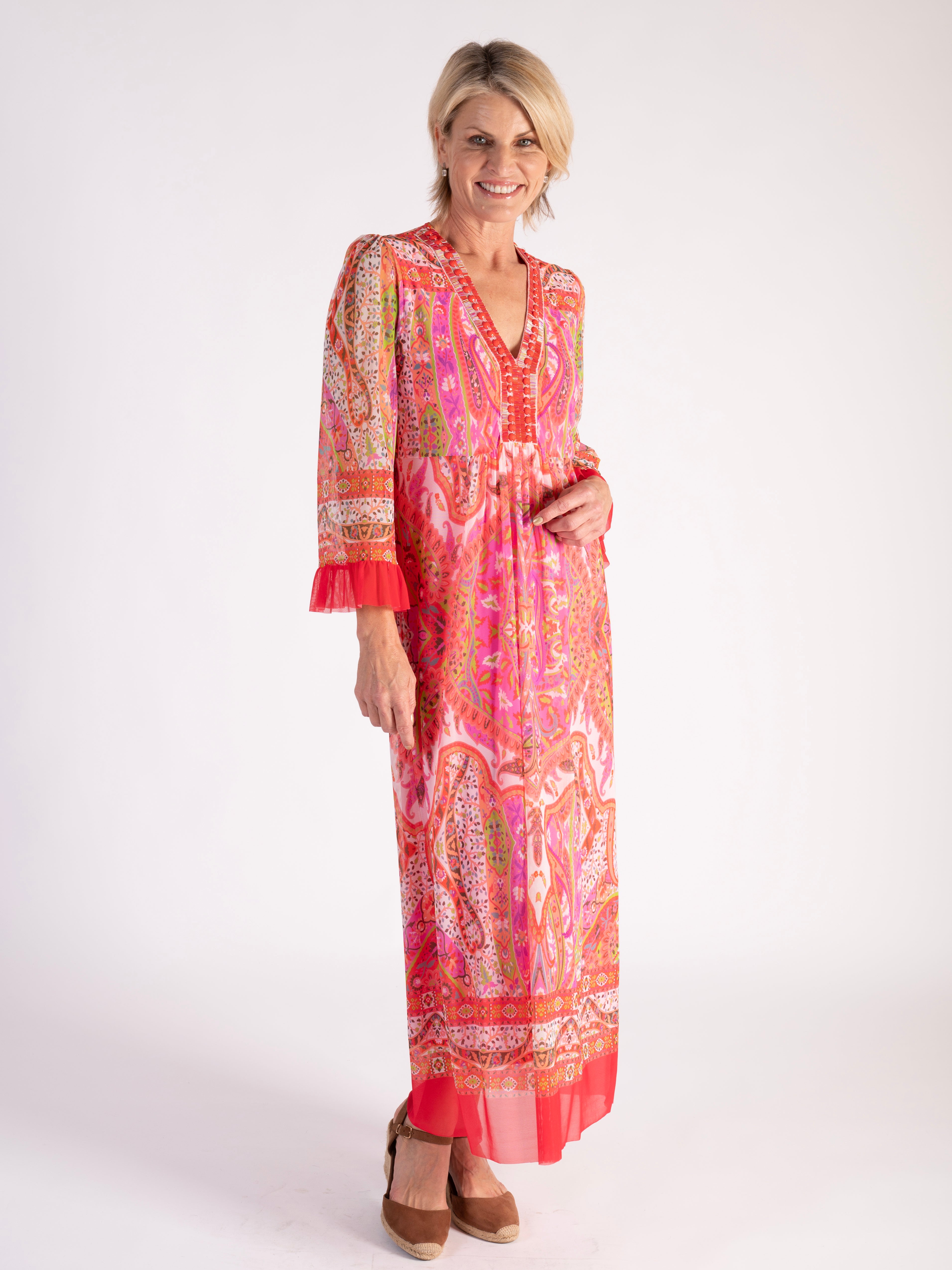 Pink/Multi Paisley Print Mesh Maxi Dress with Beaded Neckline