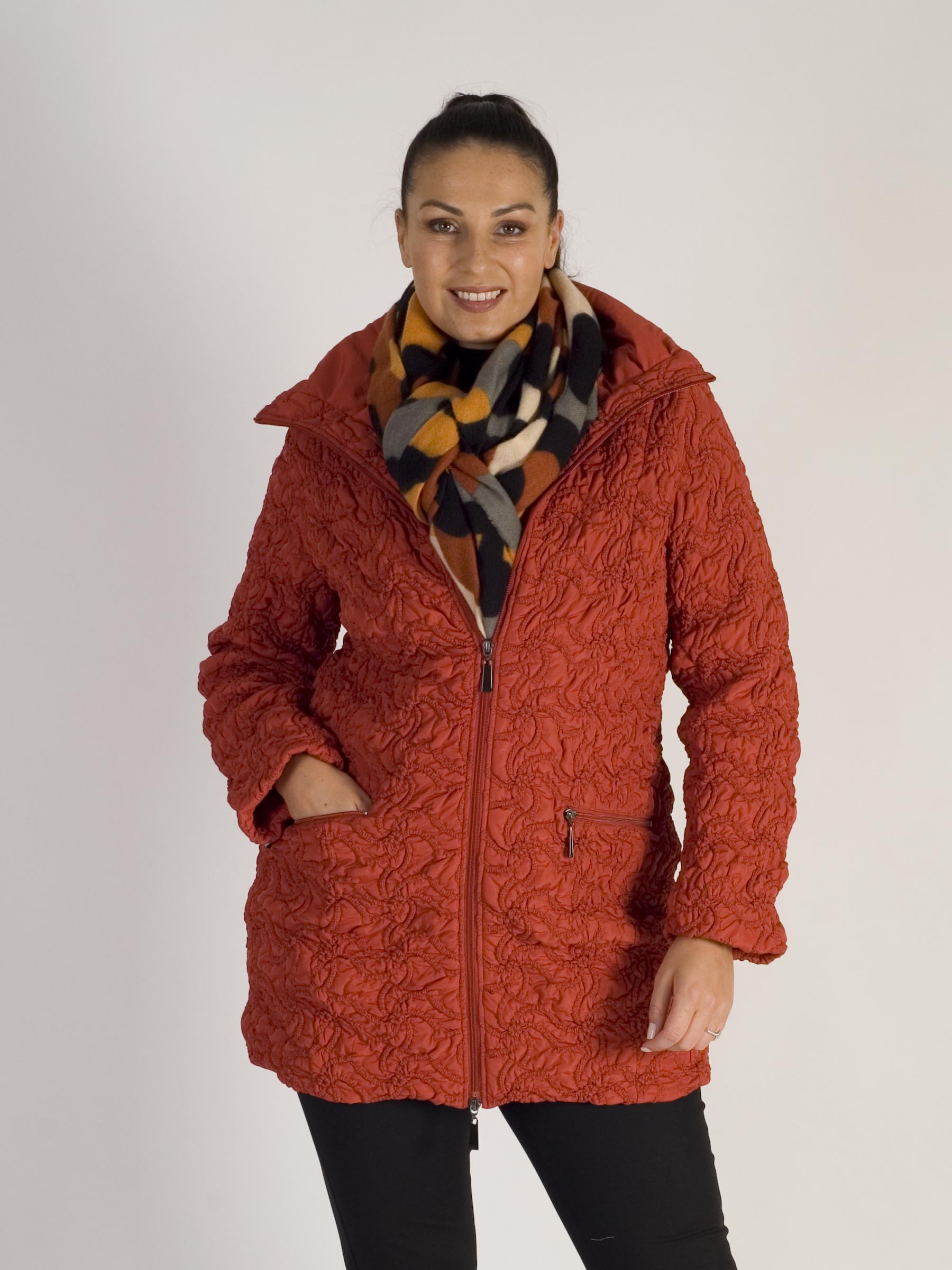 Burnt Orange Squiggle Embroidered Quilted Coat