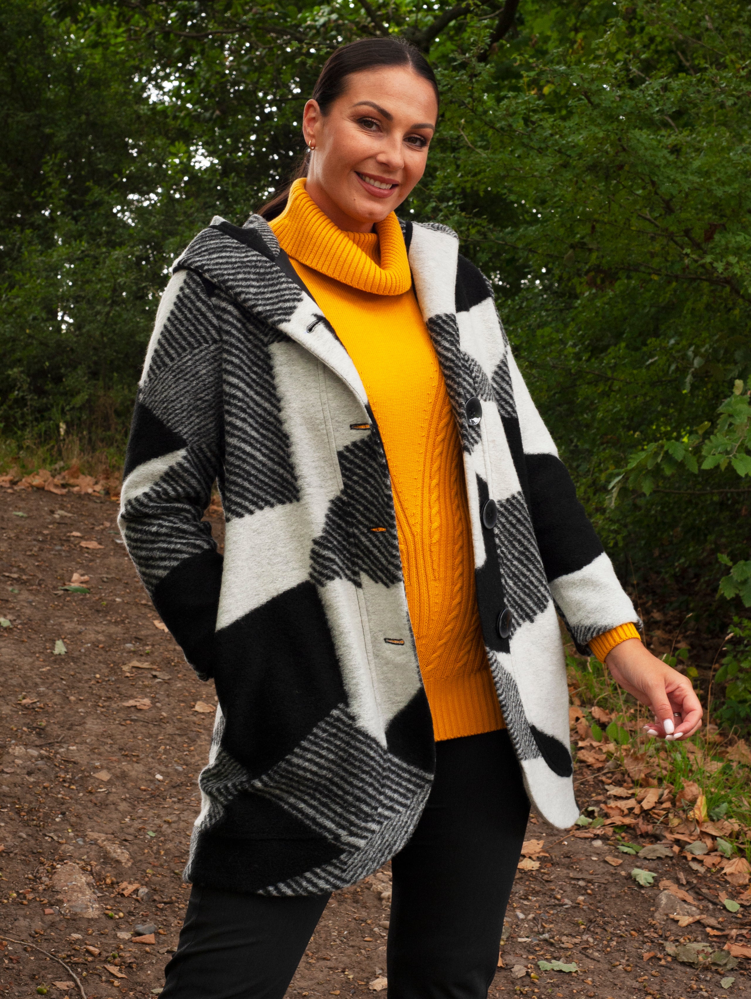 Black/Grey Patchwork Wool Mix Coat with Hood