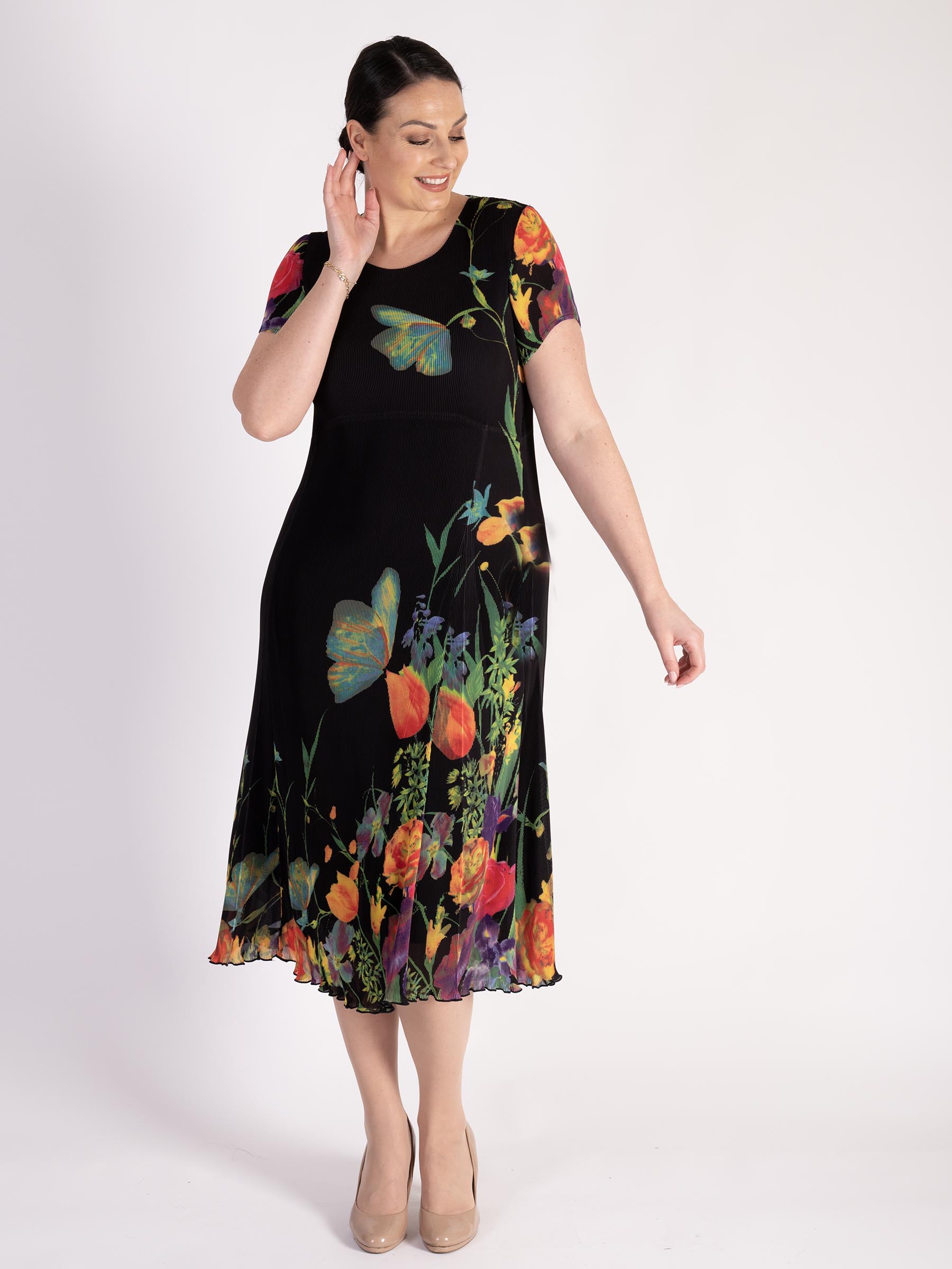 Black/Multi Double Layered Pleated Dress With Jersey Lining