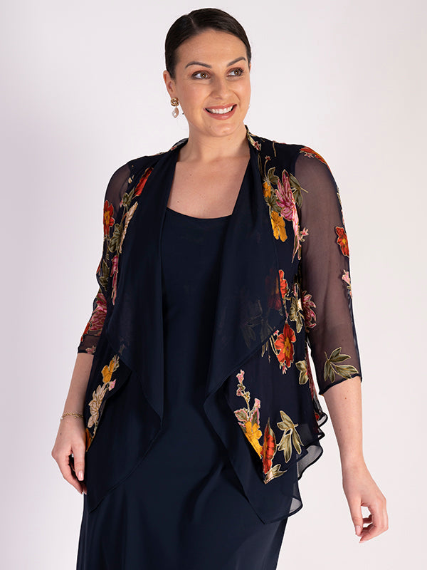 Navy Chrysanthemum Print Silk Devoree Contrast Layered Shrug