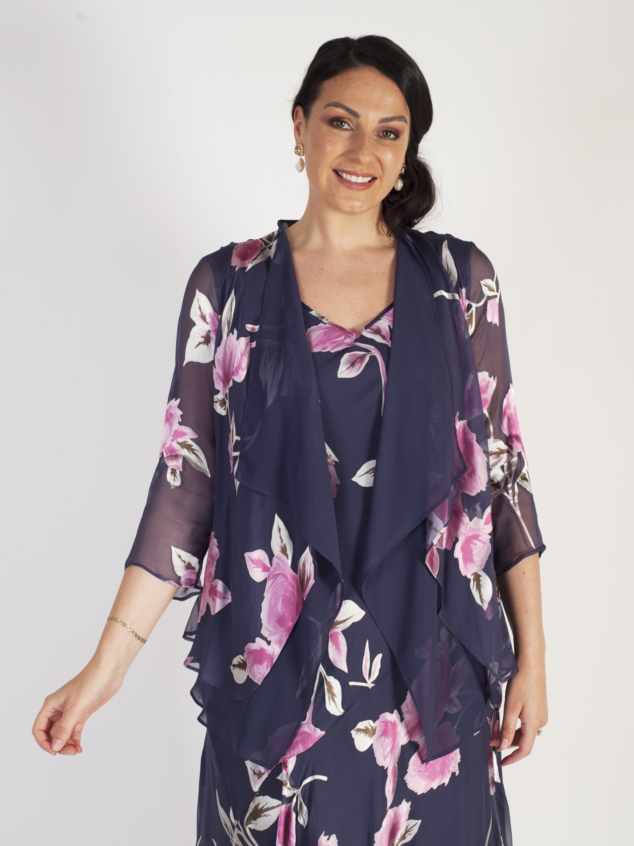 Violetta Rose Print Satin Devoree Contrast Layered Shrug