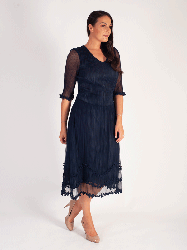 Navy Mock Layer Daisy Chain Trim Crush Pleat Mesh Evening Dress