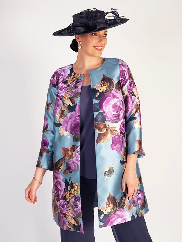 Blue Steel/Magenta Floral Placement Edge to Edge Contrast Lined Satin Twill Coat