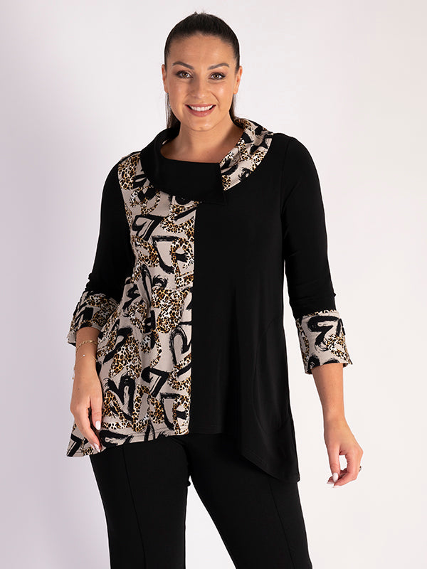 Black Jersey Top with Stone/Leopard Heart Contrast Panel