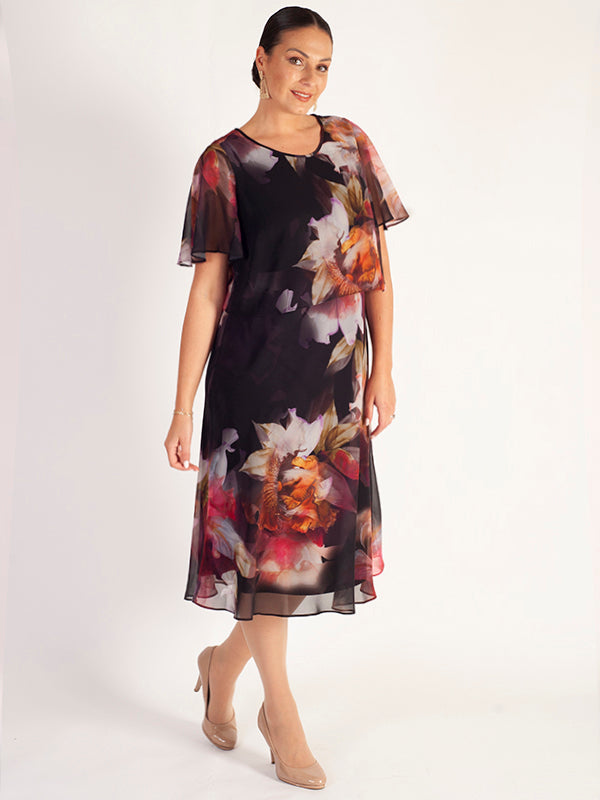 Red Orchid/Multi Floral Print Double Layer Chiffon Dress with Angel Sleeves