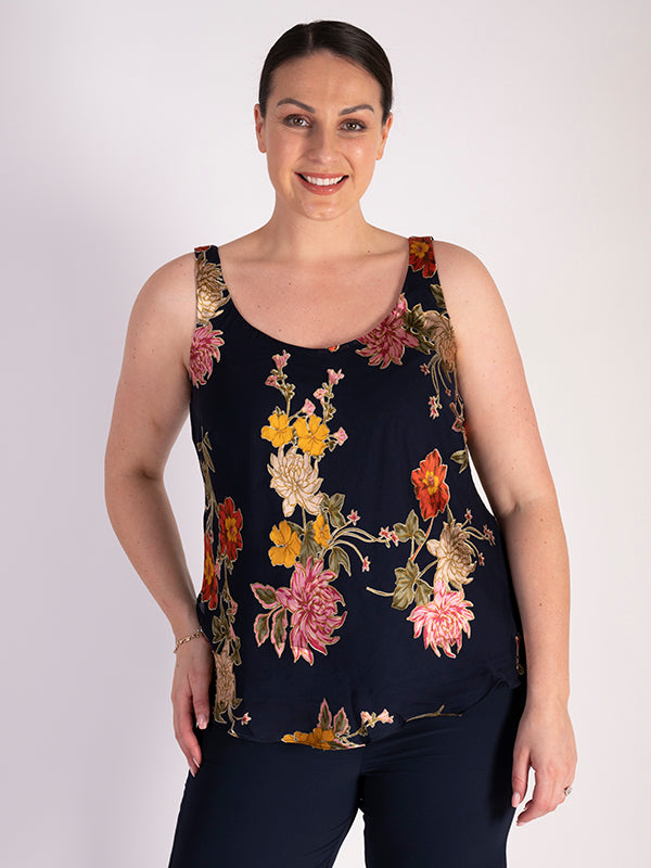 Navy Chrysanthemum Print Silk Devoree Camisole