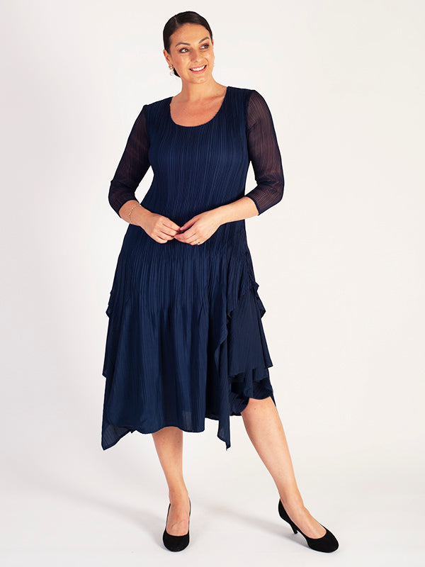 Navy Crush Pleat Layered Dress