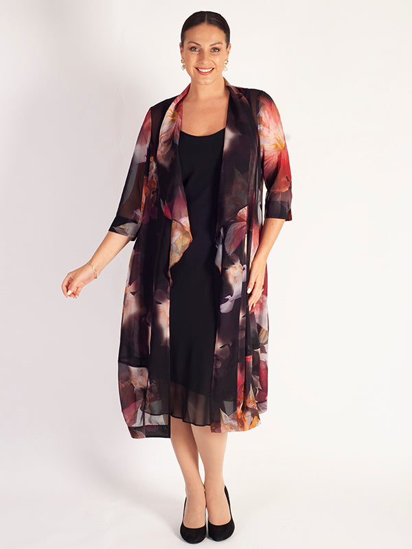 Red Orchid/Multi Floral Print Shawl Collar Chiffon Coat