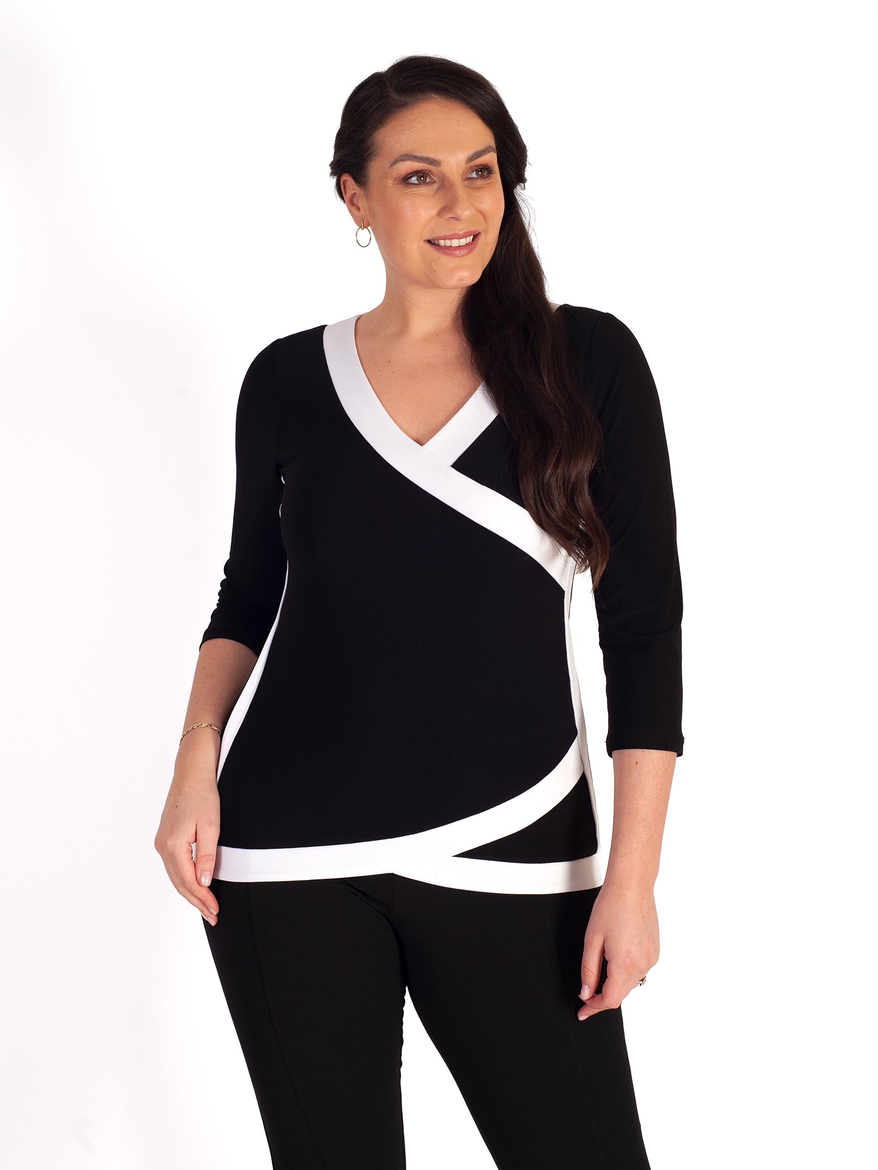 Black/White Faux Wrap Jersey Top