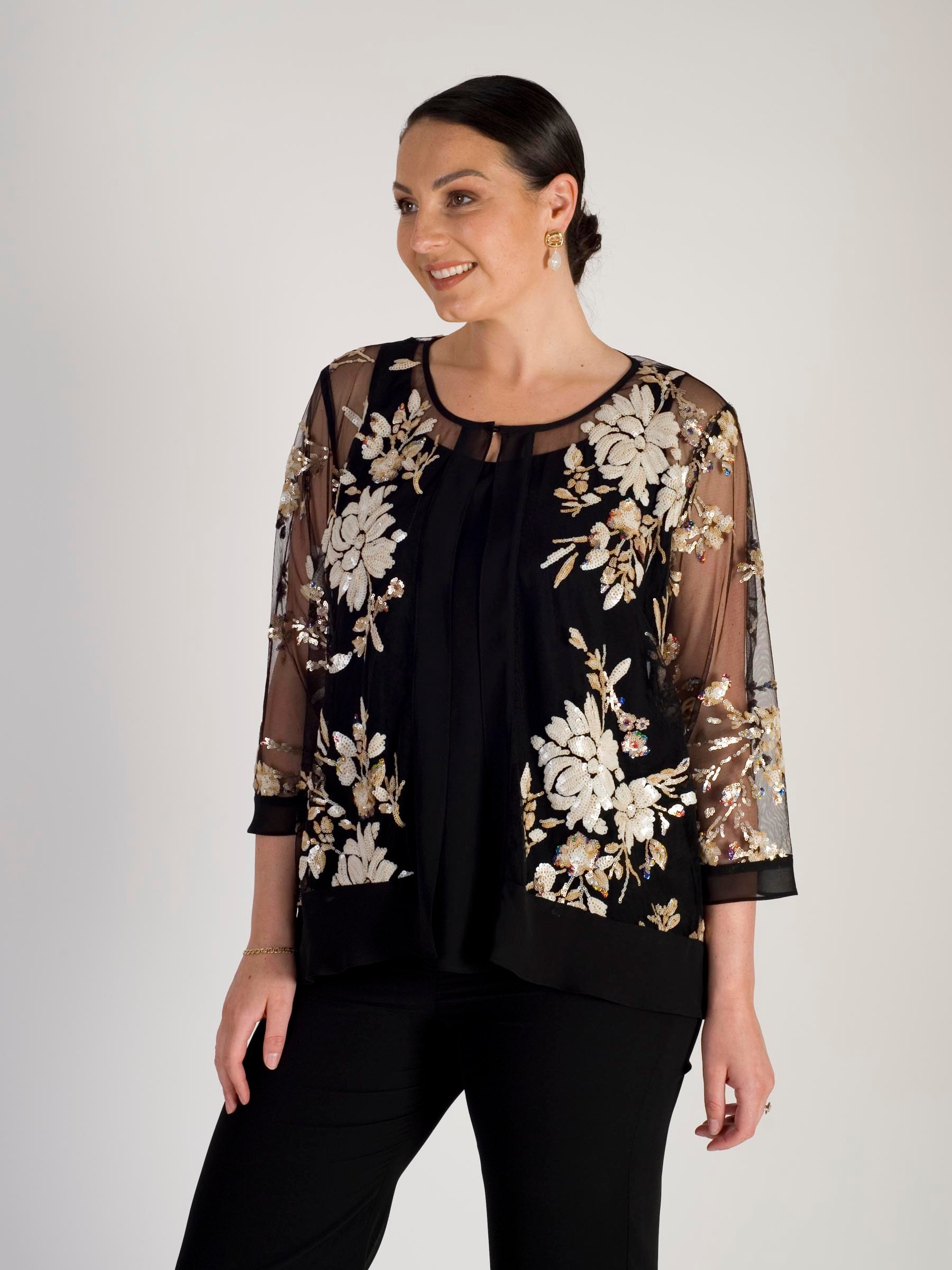 Black Embroidered Sequin Mesh Jacket with Chiffon Trim