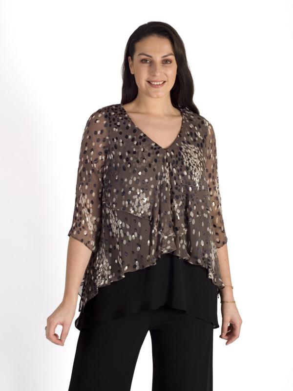 Mocha/Cream Cluster Spot Silk Devoree Fancy Layered & Contrast Top