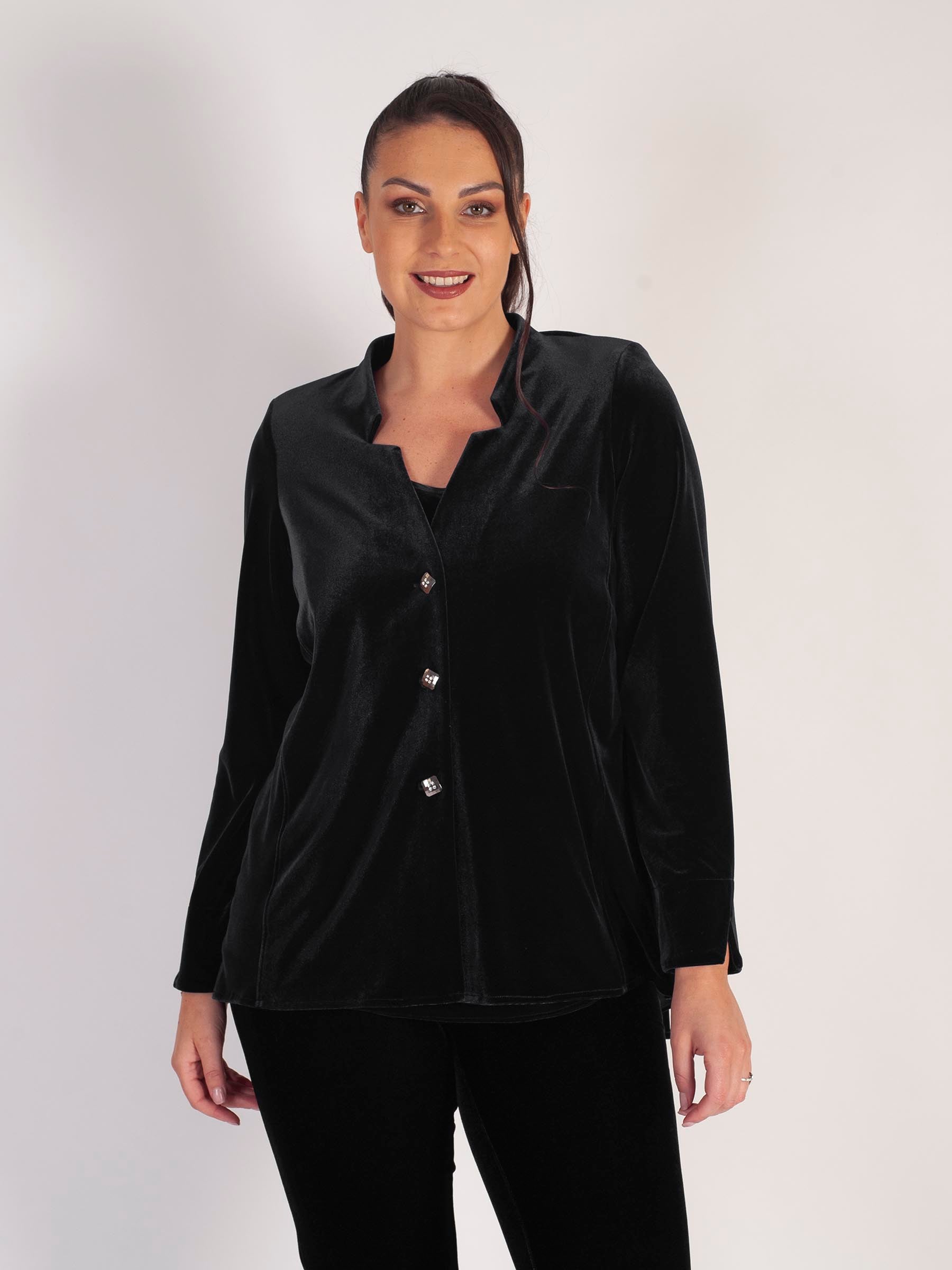 Black Notch Neck Stretch Velvet Diamond Back Detail Jacket