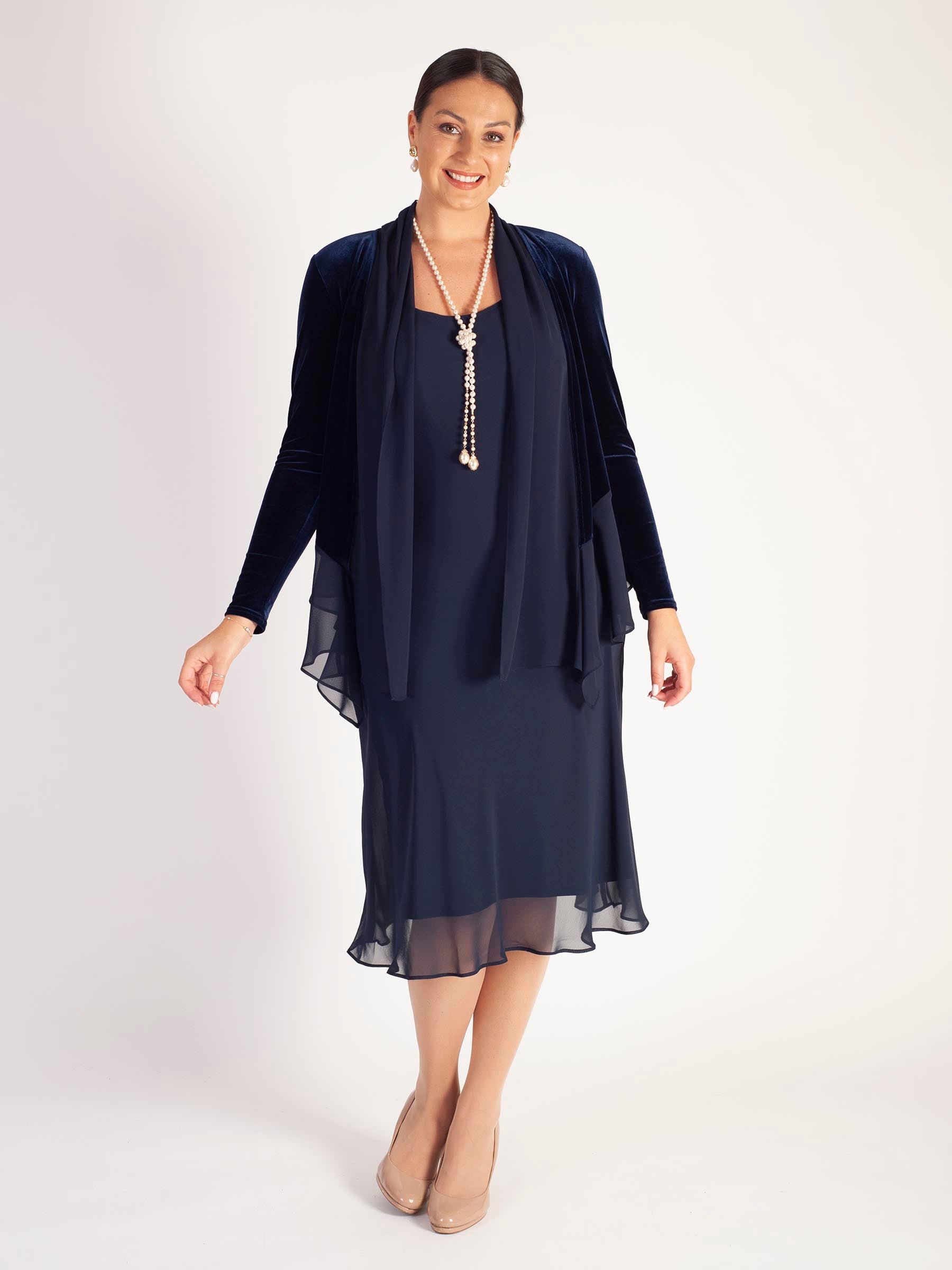 Navy Stretch Velvet Shrug with Contrast Chiffon Trim