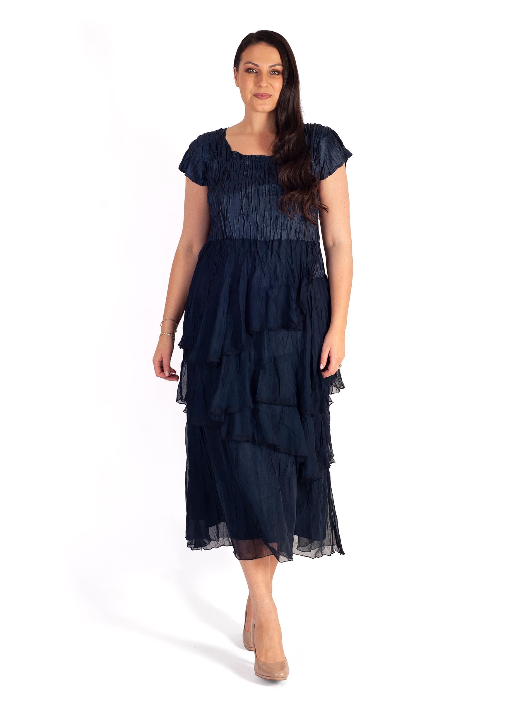 Navy Crush Pleat Satin & Chiffon Dress