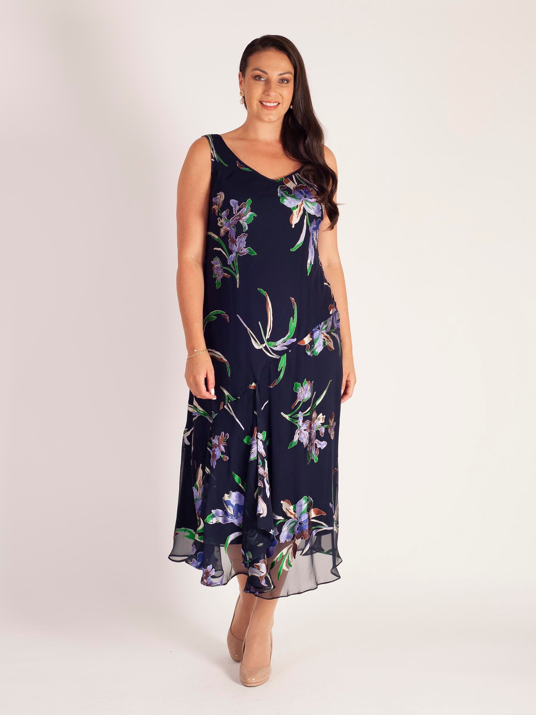 Navy Iris Floral Print Devoree Sleeveless Dress