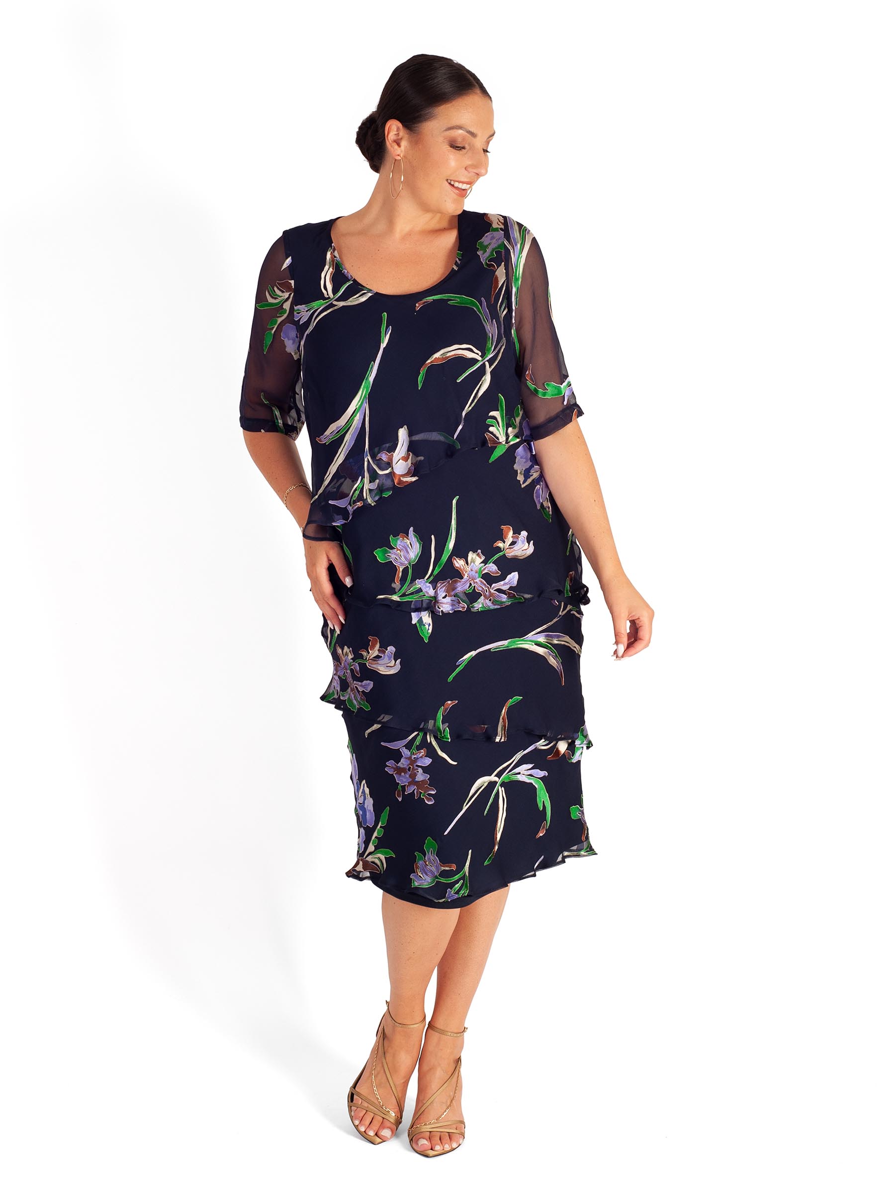 Navy Iris Floral Print Multi Layered Devoree Dress