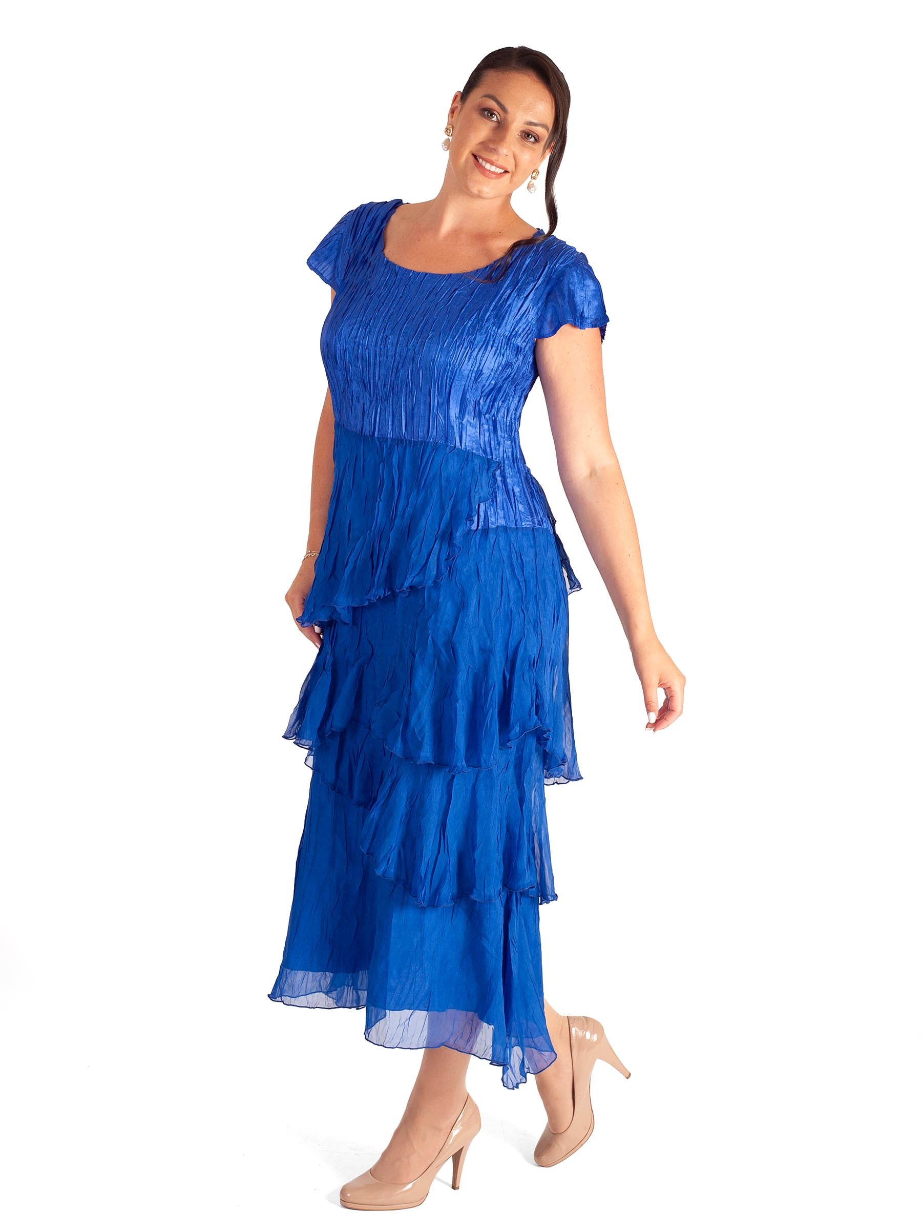 Sapphire Crush Pleat Satin and Chiffon Dress