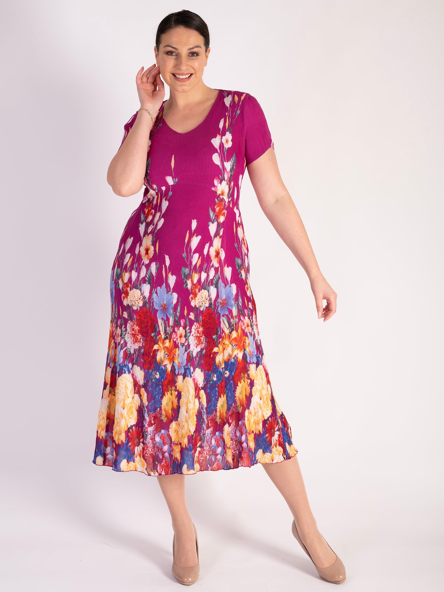 Fuchsia Border Print Pleated Dress