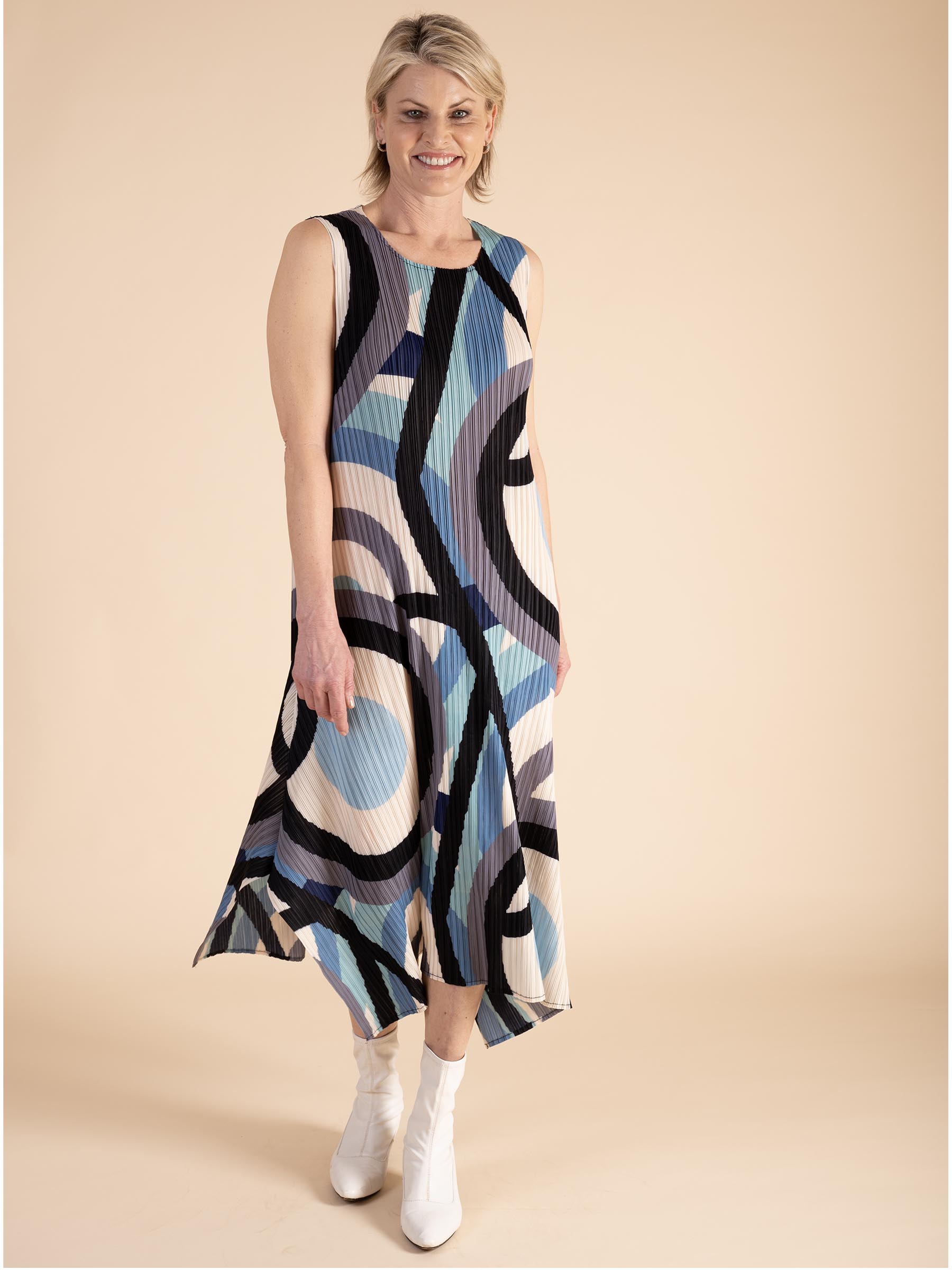 Blue Tokyo Abstract Circle Print Plisse Pleat Dress