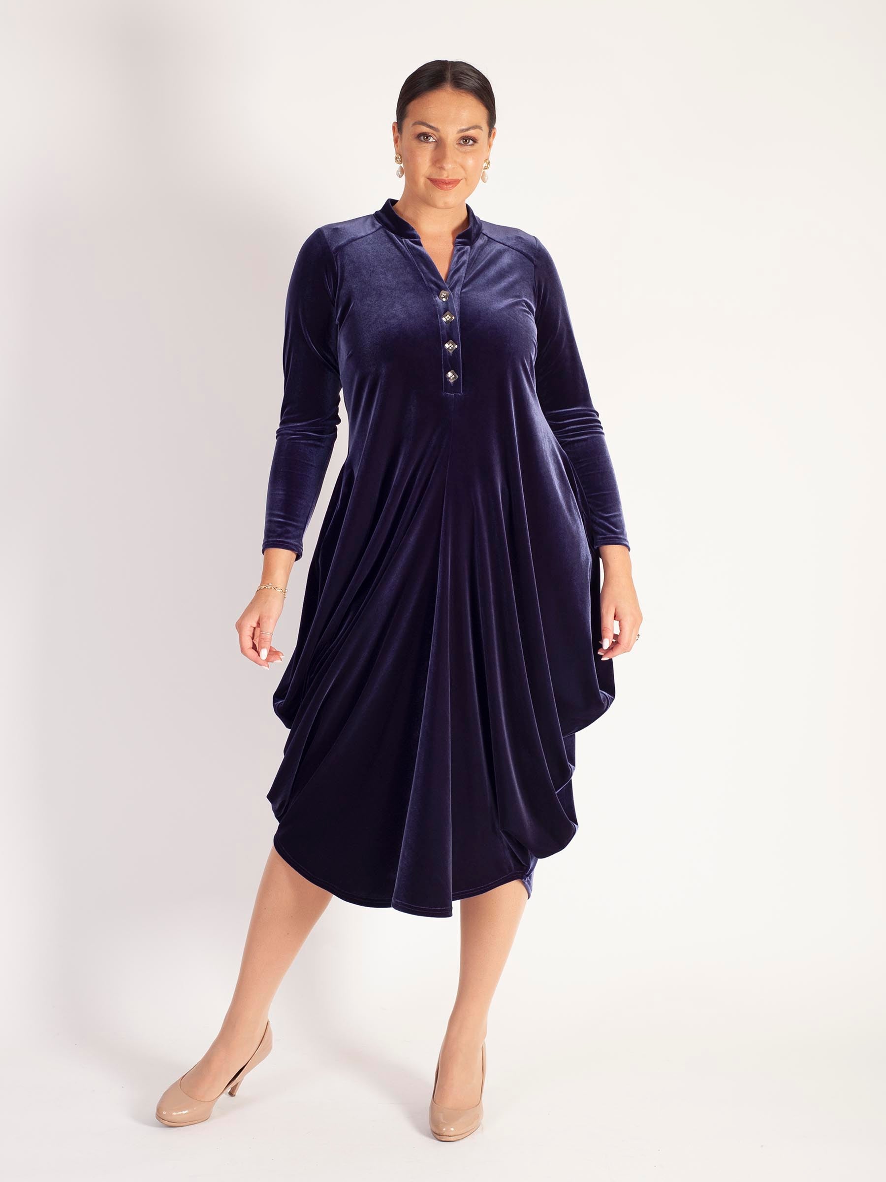 Violetta Stretch Velvet Drape Dress with Button Placket