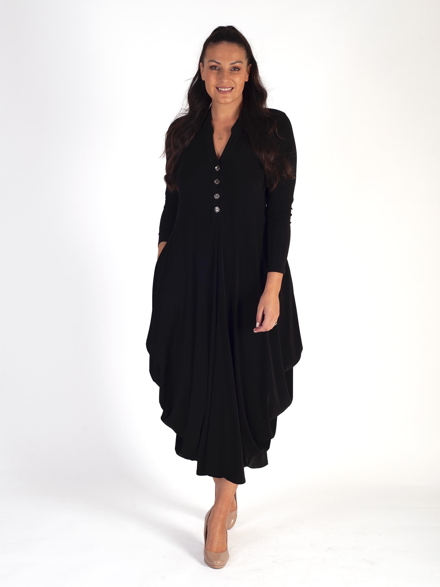 Black Jersey Drape Dress with Button Placket