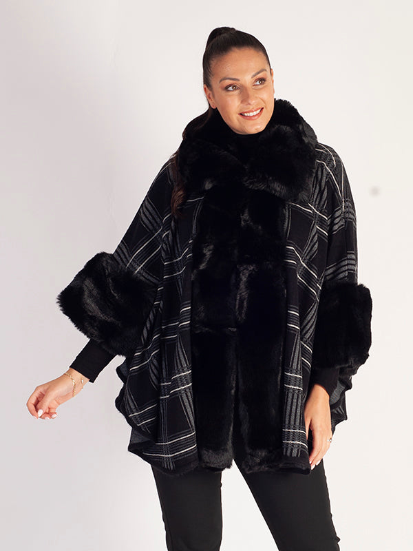 Black Check Wrap with Fur Trim