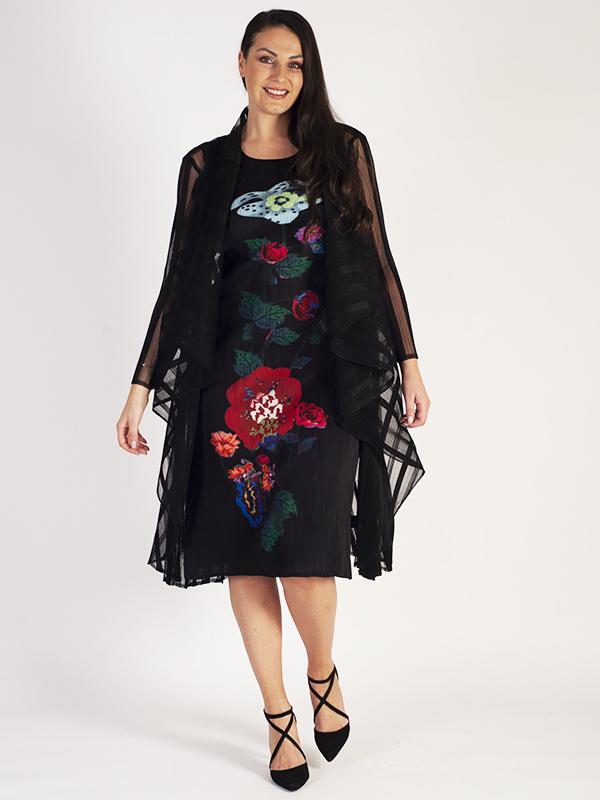 Black Printed Floral Panel Plisse Dress