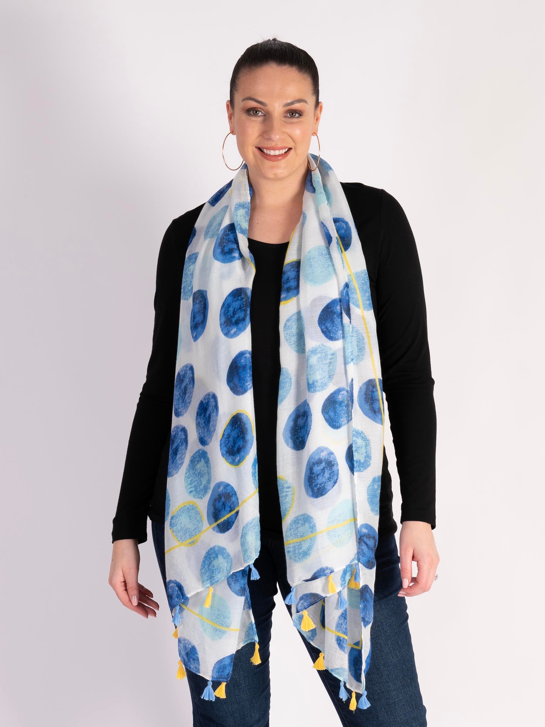 Navy/Yellow Watercolour Spot Print Tassel Trim Scarf