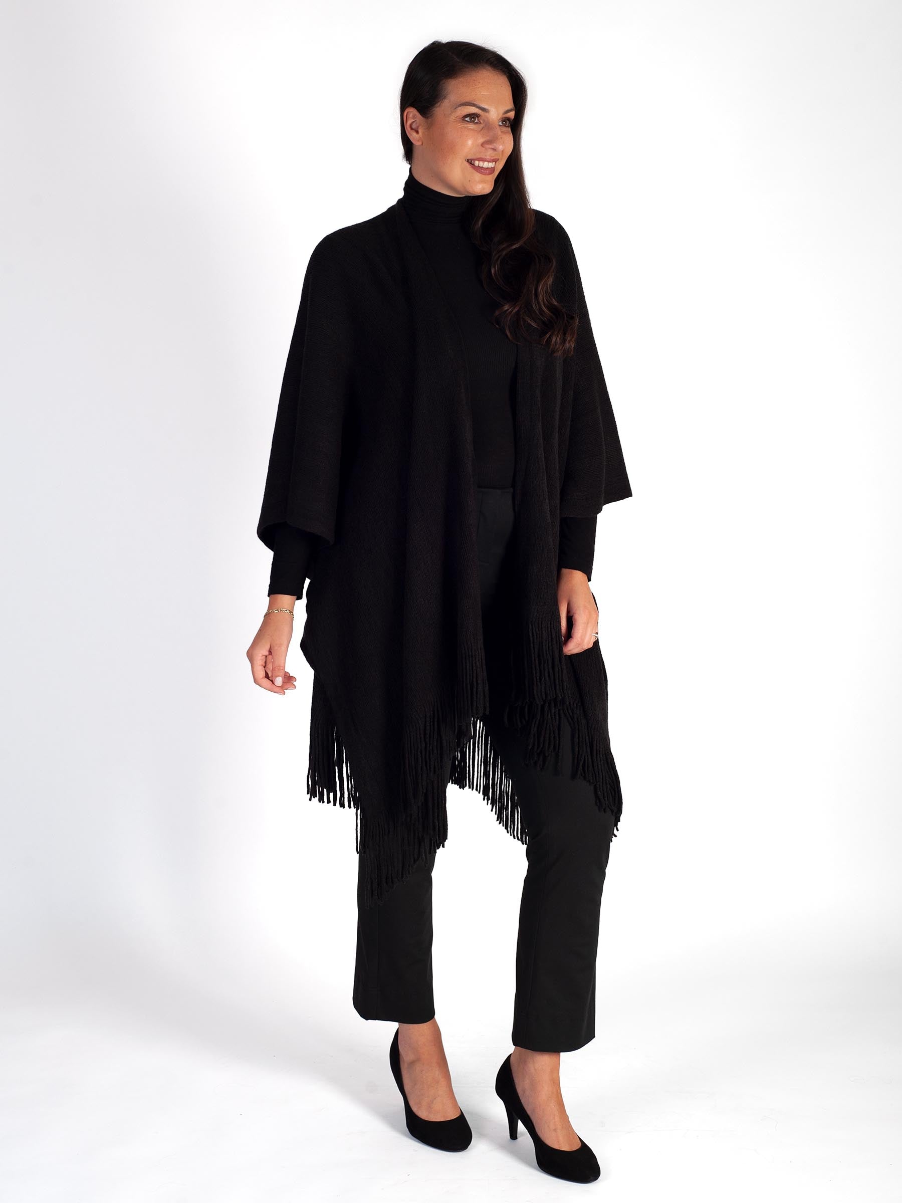 Black Knitted Wrap with Fringed Edging