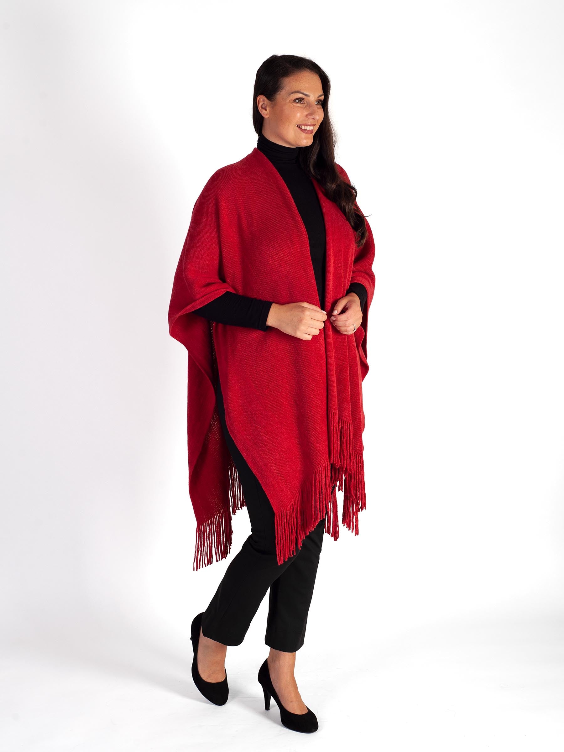 Red Knitted Wrap with Fringed Edging