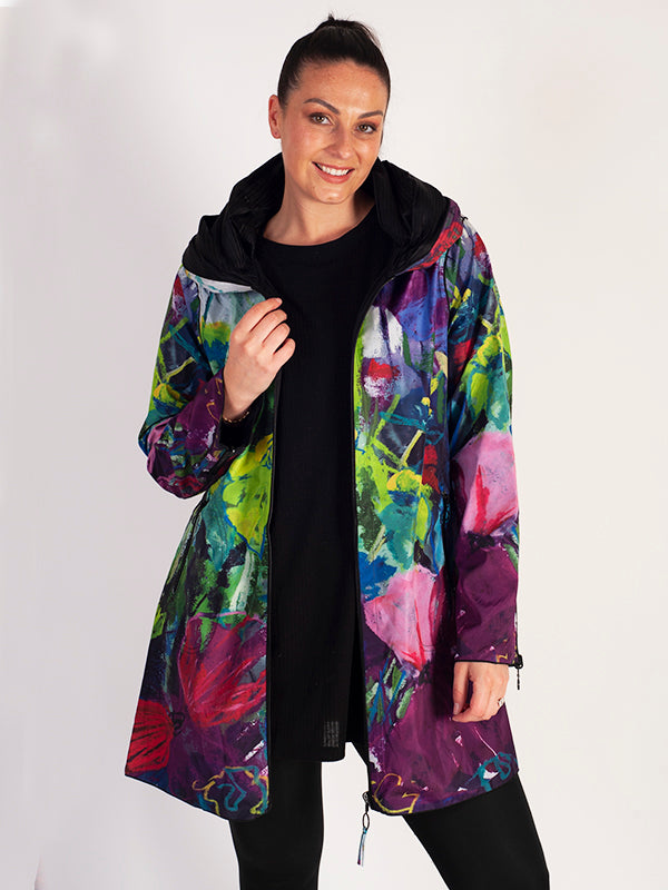 Multi/Black Garden Print Reversible Coat with Pleated Hood