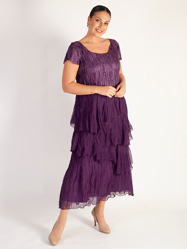 Dark Amethyst Crush Pleat Satin & Chiffon Dress