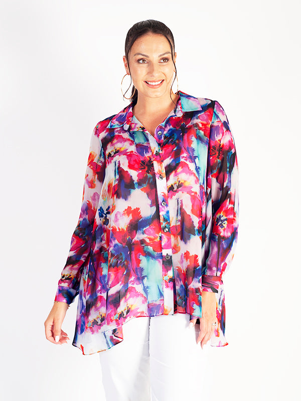 Palma Multi Watercolour Floral Print Blouse with Back Pleat Detail