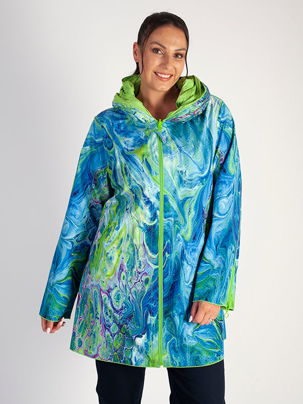 Multi/Lime Going Places Printed Reversible Coat with Pleated Hood