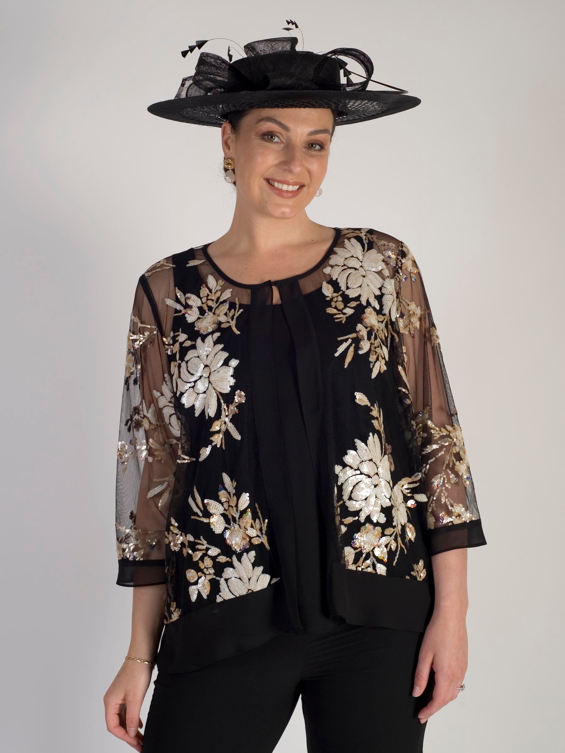 Black Large Hatinator with Lattice Brim, Sinamay Bow & Feathers