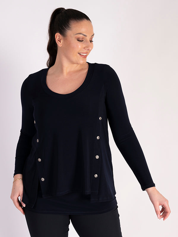 Navy Jersey Layered Top with Side Button Trim