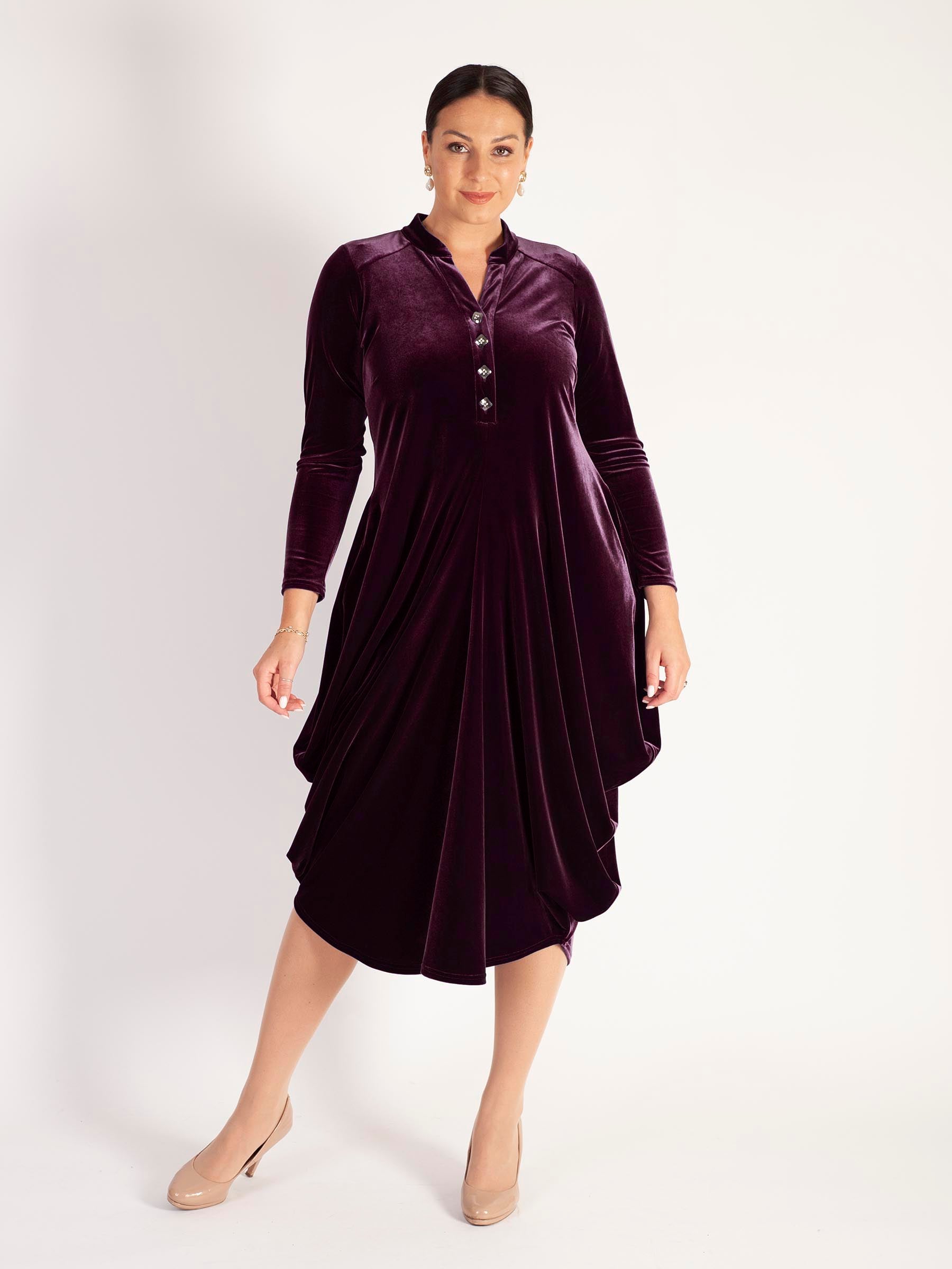 Claret Stretch Velvet Drape Dress with Button Placket