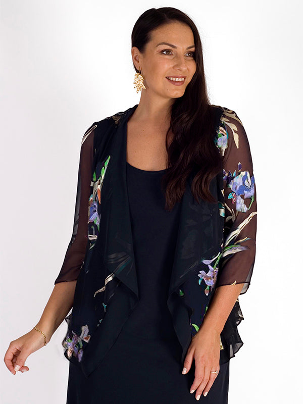 Navy Iris Floral Print Devoree Contrast Layered Shrug