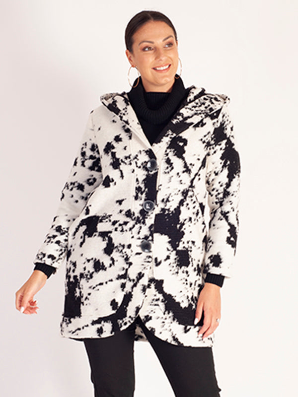 White/Black Abstract Pattern Wool Mix Coat with Hood