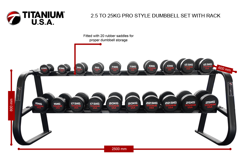 2.5 TO 25KG PRO STYLE DUMBBELL SET WITH RACK